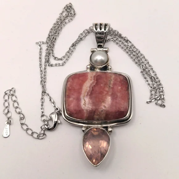 Rhodochrosite Pink Sterling Silver Pendant Necklace Rose Quartz & Pearl Accents - Picture 3 of 7